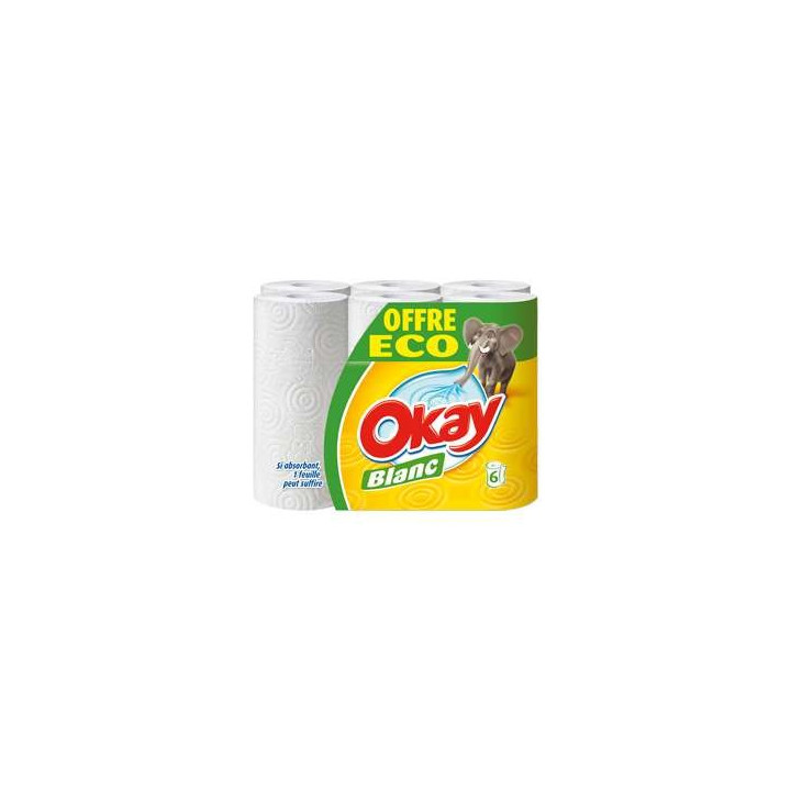 6 Rouleaux Essuie-Tout Blanc Okay