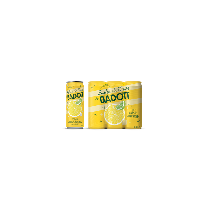 24 Canettes d'Eau Gazeuse Badoit Bulles de Fruits Citron Touche de Citron Vert 24 x 33 CL