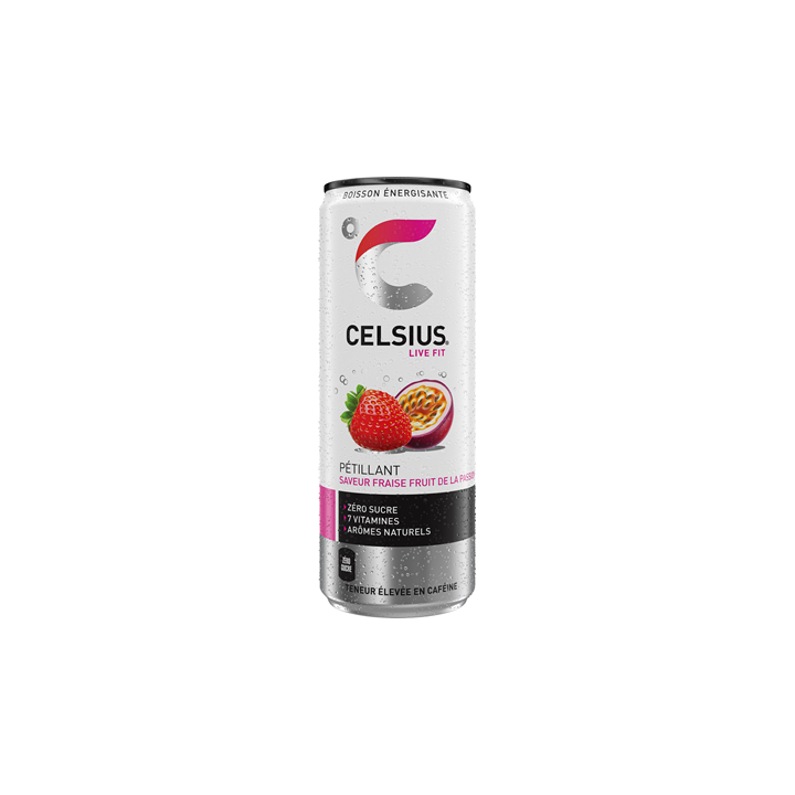 12 Canettes de Boisson Energisante Sans Sucres Fraise & Fruit de la Passion Celsius 12 x 35.5 CL - Grossiste boissons, fournisse